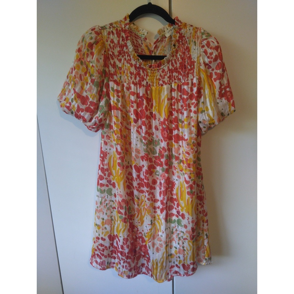 Umgee Floral Crinkle Mini Dress Size S Puff Sleeve Boho Chic Cottage Romantic
